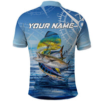 Mahi Mahi and Tuna Fish Polo Shirt Fishing Ocean Water Background and Nautical Compass Elements - Wonder Print Shop