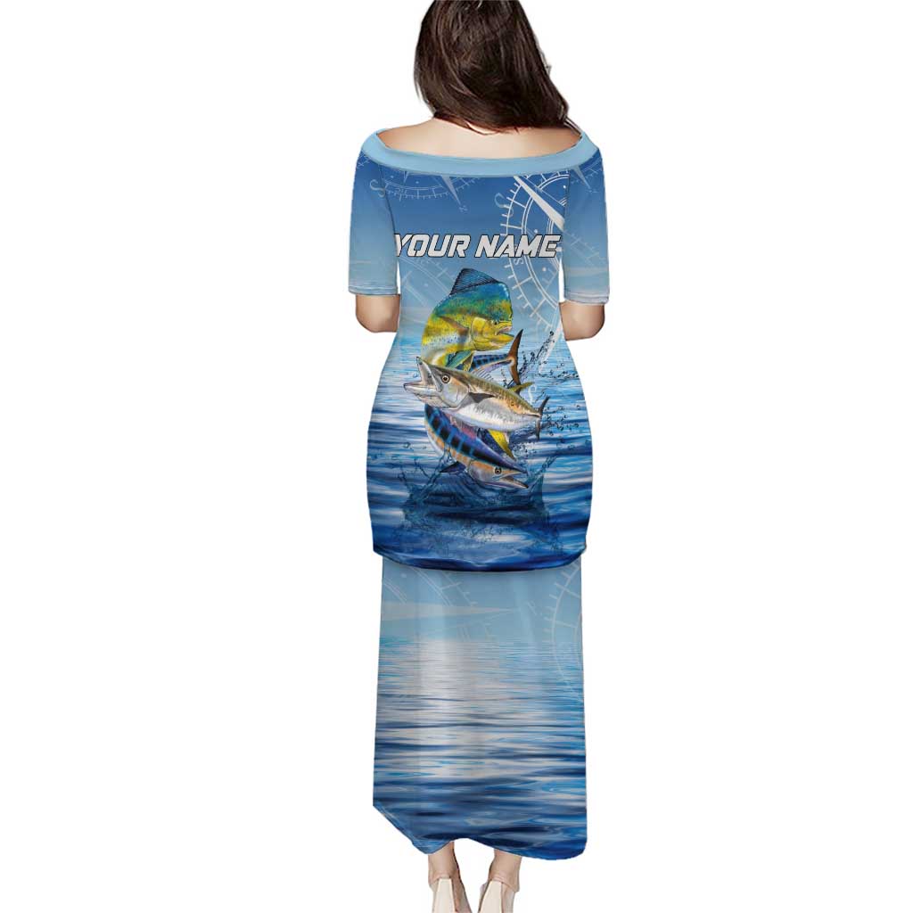 Mahi Mahi and Tuna Fish Puletasi Fishing Ocean Water Background and Nautical Compass Elements - Wonder Print Shop