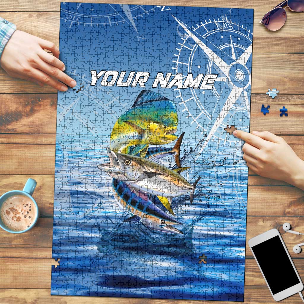 Mahi Mahi and Tuna Fish Puzzle Fishing Ocean Water Background and Nautical Compass Elements - Wonder Print Shop