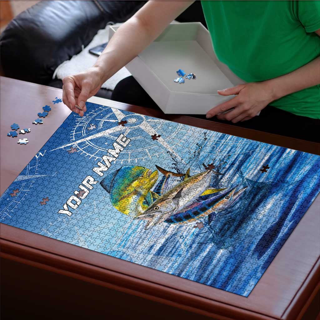 Mahi Mahi and Tuna Fish Puzzle Fishing Ocean Water Background and Nautical Compass Elements - Wonder Print Shop