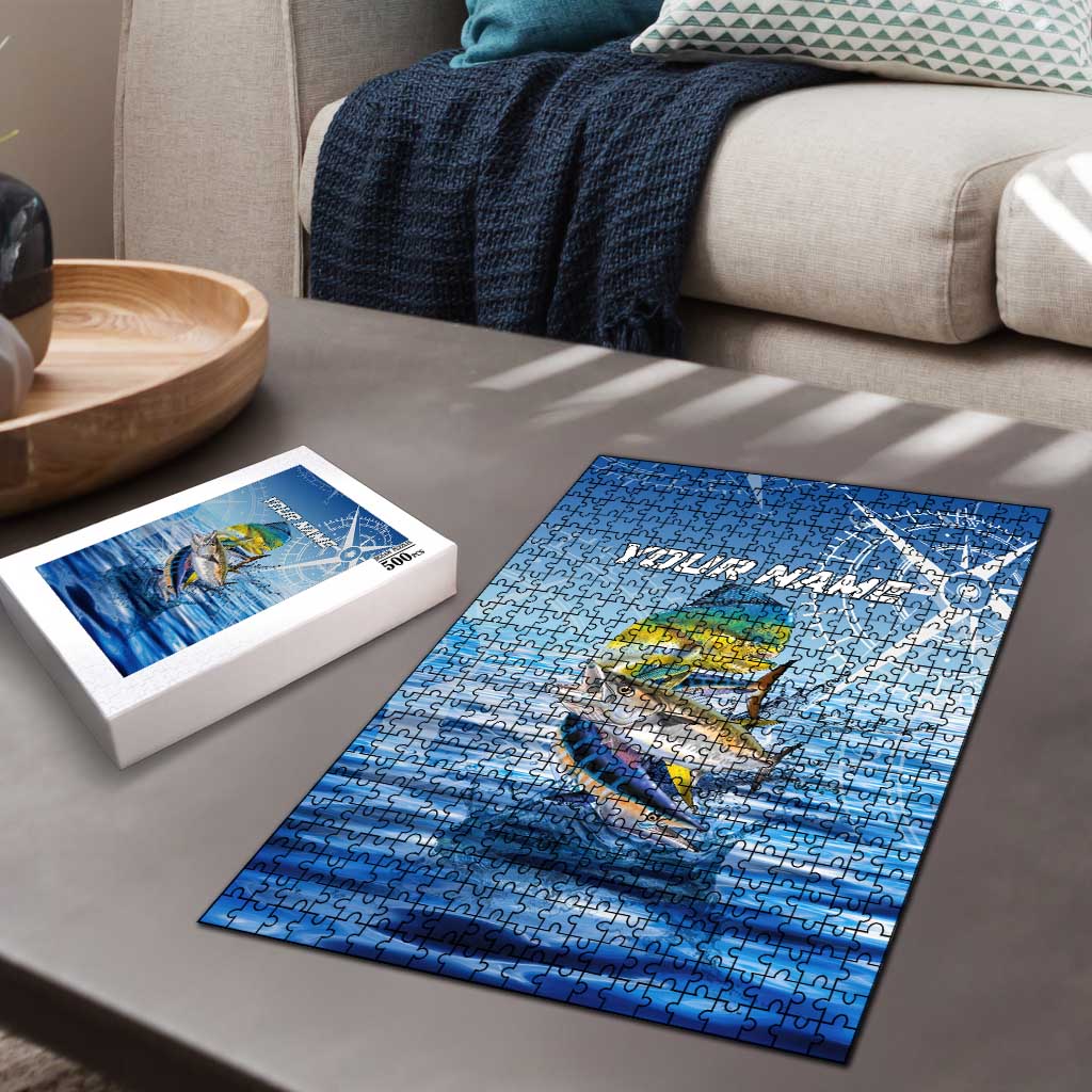 Mahi Mahi and Tuna Fish Puzzle Fishing Ocean Water Background and Nautical Compass Elements - Wonder Print Shop