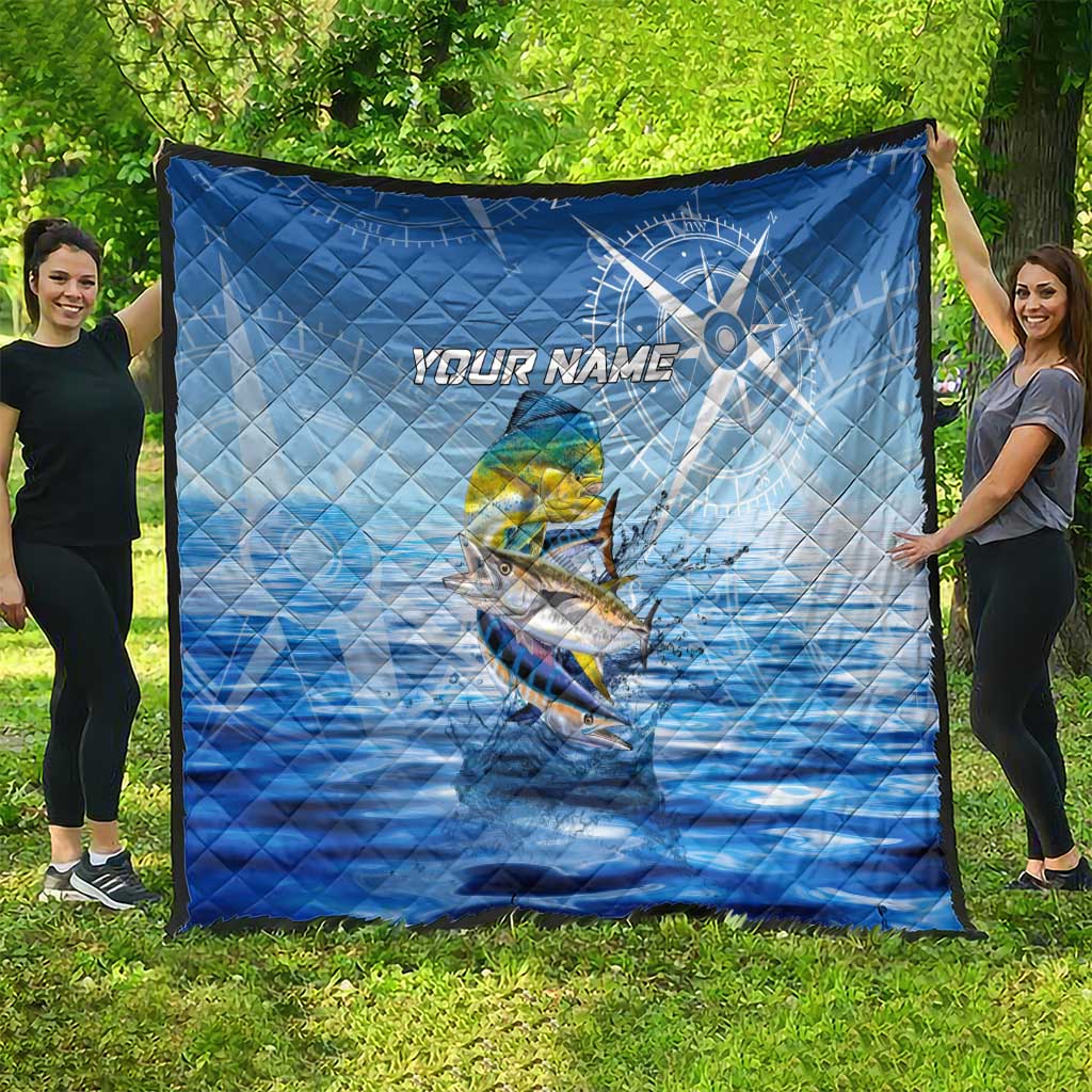 Mahi Mahi and Tuna Fish Quilt Fishing Ocean Water Background and Nautical Compass Elements - Wonder Print Shop