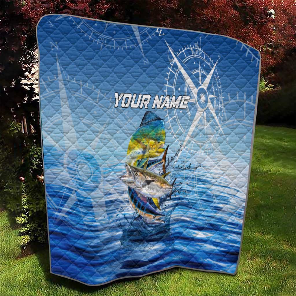 Mahi Mahi and Tuna Fish Quilt Fishing Ocean Water Background and Nautical Compass Elements - Wonder Print Shop