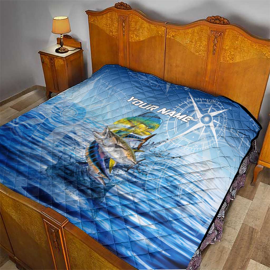 Mahi Mahi and Tuna Fish Quilt Fishing Ocean Water Background and Nautical Compass Elements - Wonder Print Shop