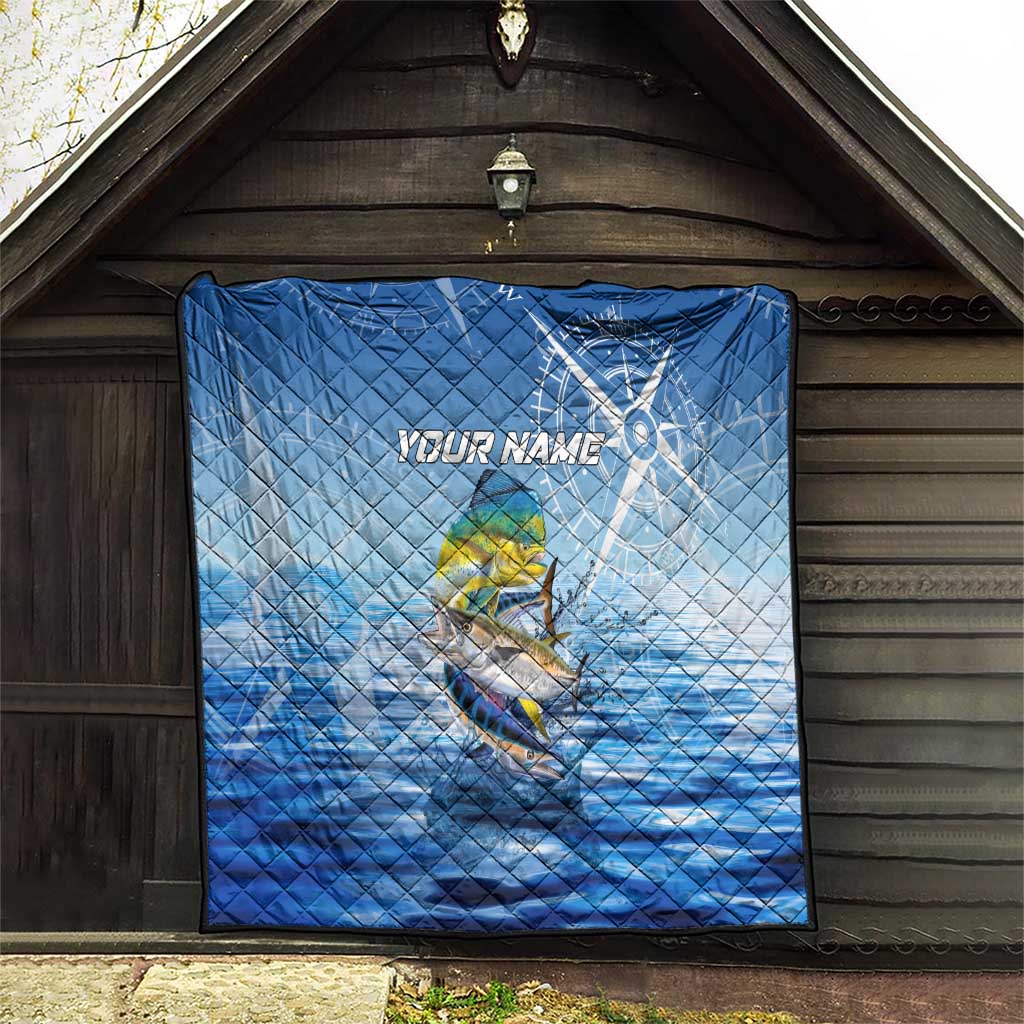 Mahi Mahi and Tuna Fish Quilt Fishing Ocean Water Background and Nautical Compass Elements - Wonder Print Shop