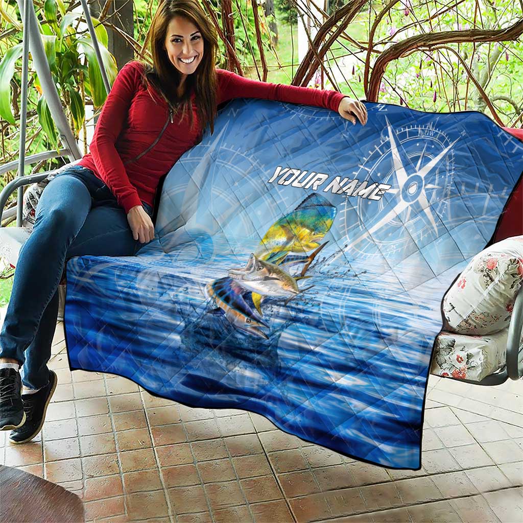 Mahi Mahi and Tuna Fish Quilt Fishing Ocean Water Background and Nautical Compass Elements - Wonder Print Shop