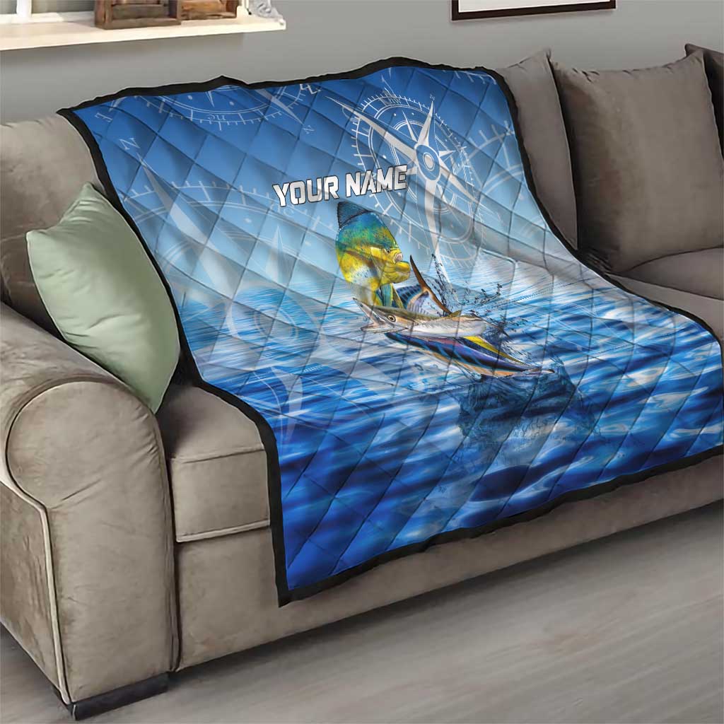 Mahi Mahi and Tuna Fish Quilt Fishing Ocean Water Background and Nautical Compass Elements - Wonder Print Shop