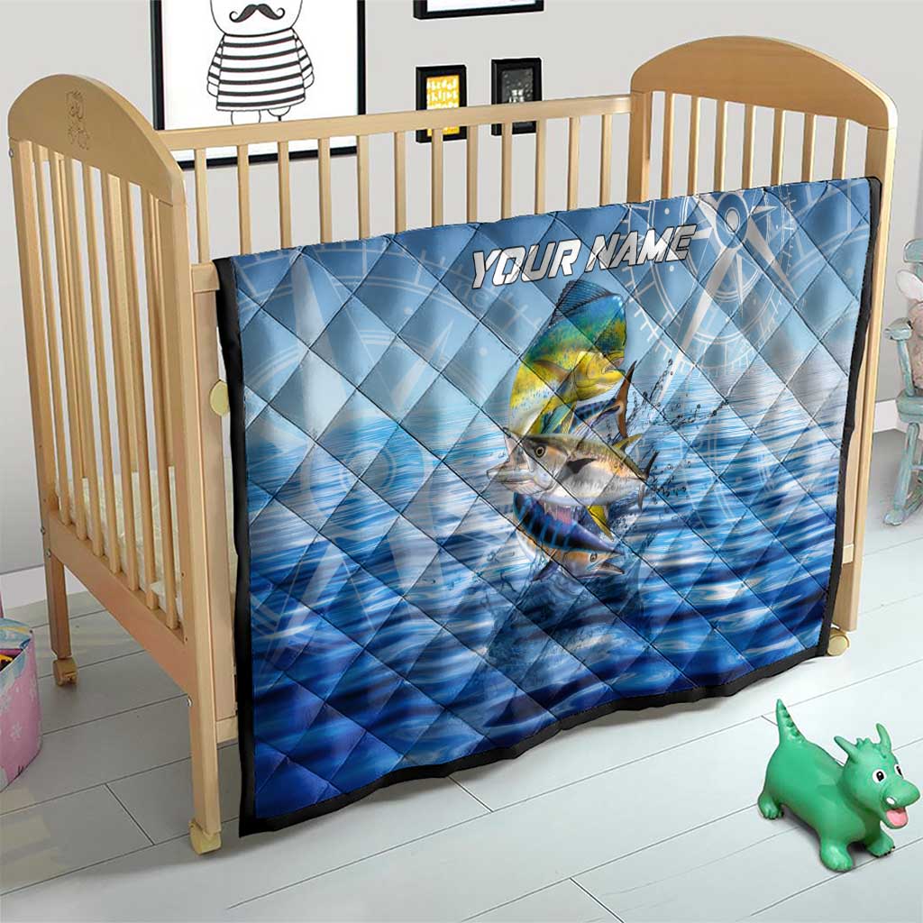 Mahi Mahi and Tuna Fish Quilt Fishing Ocean Water Background and Nautical Compass Elements - Wonder Print Shop