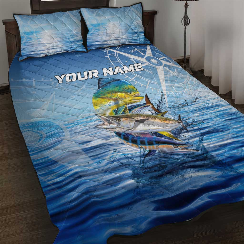 Mahi Mahi and Tuna Fish Quilt Bed Set Fishing Ocean Water Background and Nautical Compass Elements - Wonder Print Shop