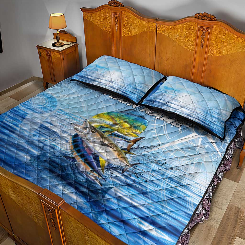 Mahi Mahi and Tuna Fish Quilt Bed Set Fishing Ocean Water Background and Nautical Compass Elements - Wonder Print Shop