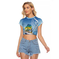 Mahi Mahi and Tuna Fish Raglan Cropped T Shirt Fishing Ocean Water Background and Nautical Compass Elements - Wonder Print Shop