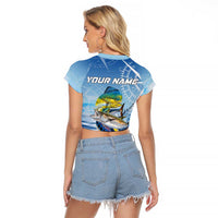 Mahi Mahi and Tuna Fish Raglan Cropped T Shirt Fishing Ocean Water Background and Nautical Compass Elements - Wonder Print Shop