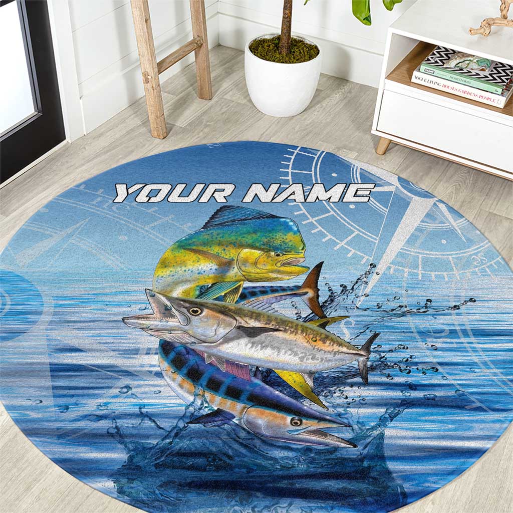 Mahi Mahi and Tuna Fish Round Carpet Fishing Ocean Water Background and Nautical Compass Elements - Wonder Print Shop