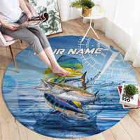 Mahi Mahi and Tuna Fish Round Carpet Fishing Ocean Water Background and Nautical Compass Elements - Wonder Print Shop