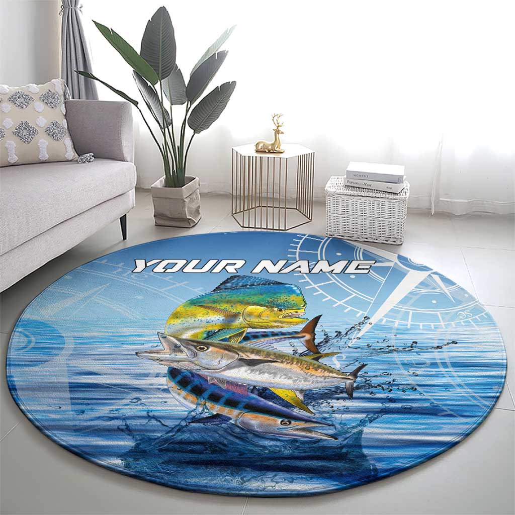 Mahi Mahi and Tuna Fish Round Carpet Fishing Ocean Water Background and Nautical Compass Elements - Wonder Print Shop