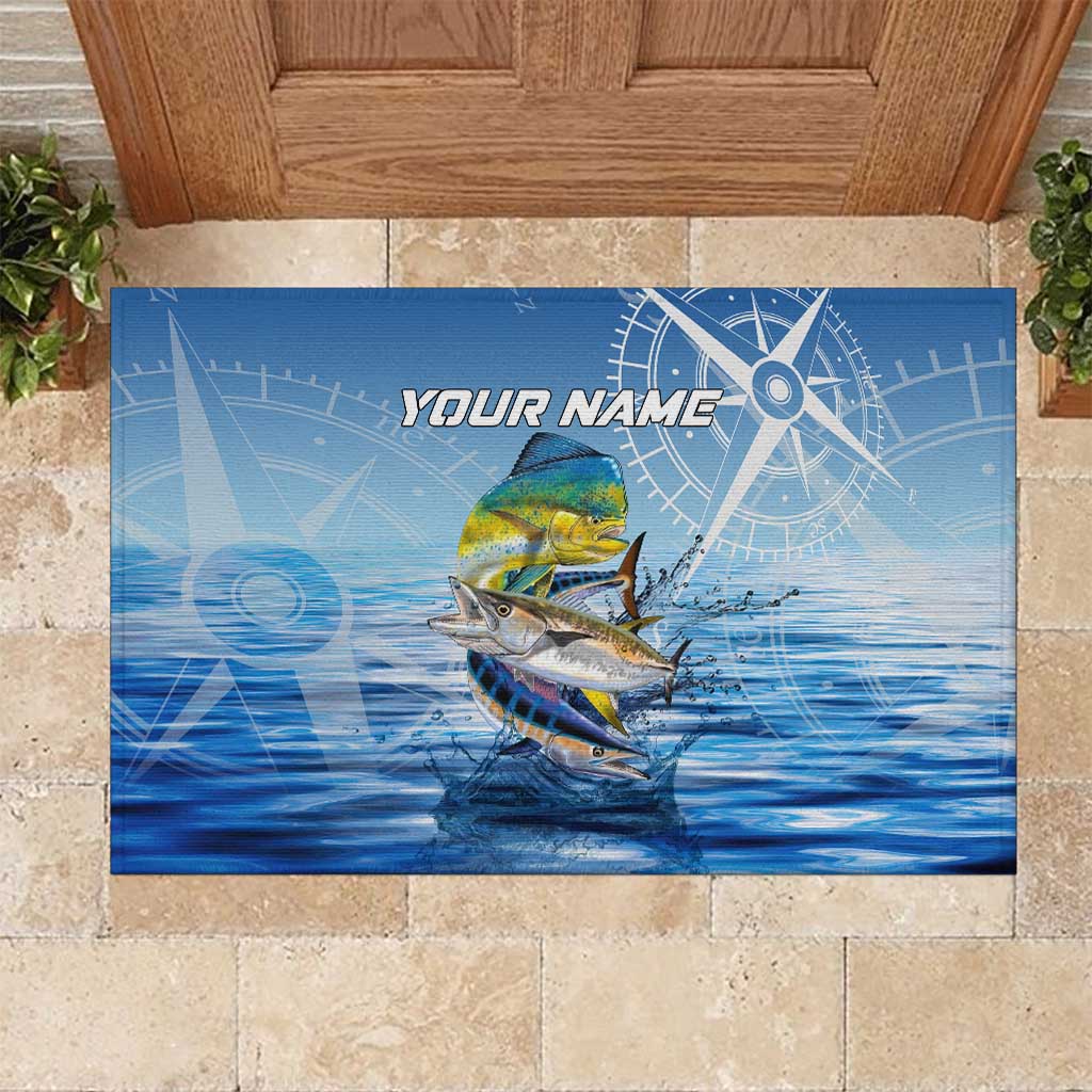 Mahi Mahi and Tuna Fish Rubber Doormat Fishing Ocean Water Background and Nautical Compass Elements - Wonder Print Shop