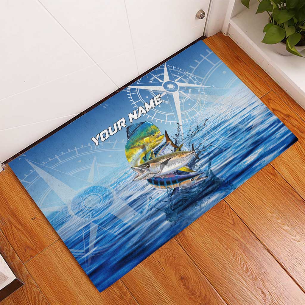 Mahi Mahi and Tuna Fish Rubber Doormat Fishing Ocean Water Background and Nautical Compass Elements - Wonder Print Shop