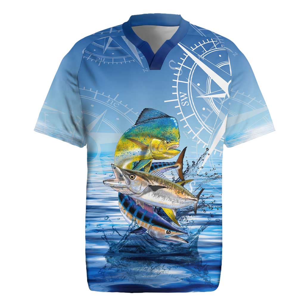 Mahi Mahi and Tuna Fish Rugby Jersey Fishing Ocean Water Background and Nautical Compass Elements - Wonder Print Shop
