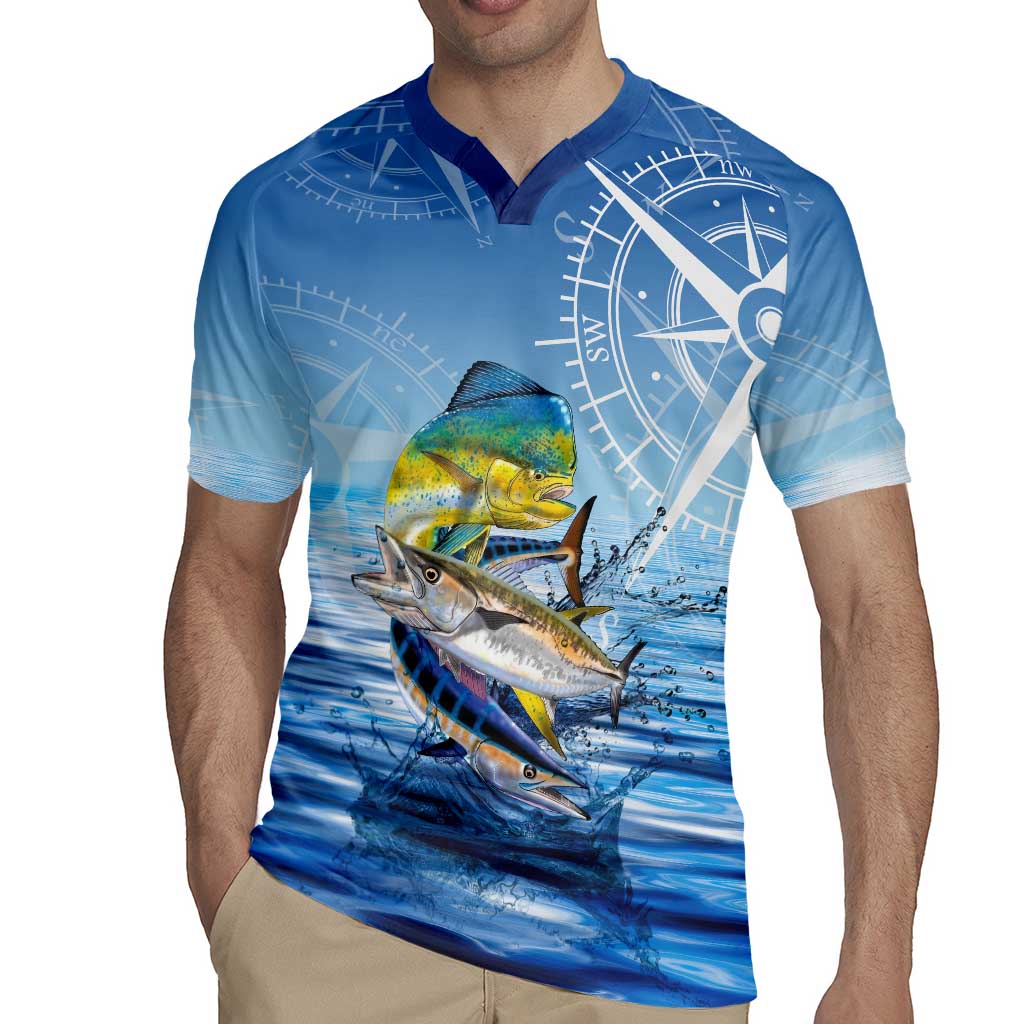 Mahi Mahi and Tuna Fish Rugby Jersey Fishing Ocean Water Background and Nautical Compass Elements - Wonder Print Shop