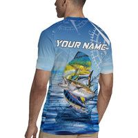 Mahi Mahi and Tuna Fish Rugby Jersey Fishing Ocean Water Background and Nautical Compass Elements - Wonder Print Shop