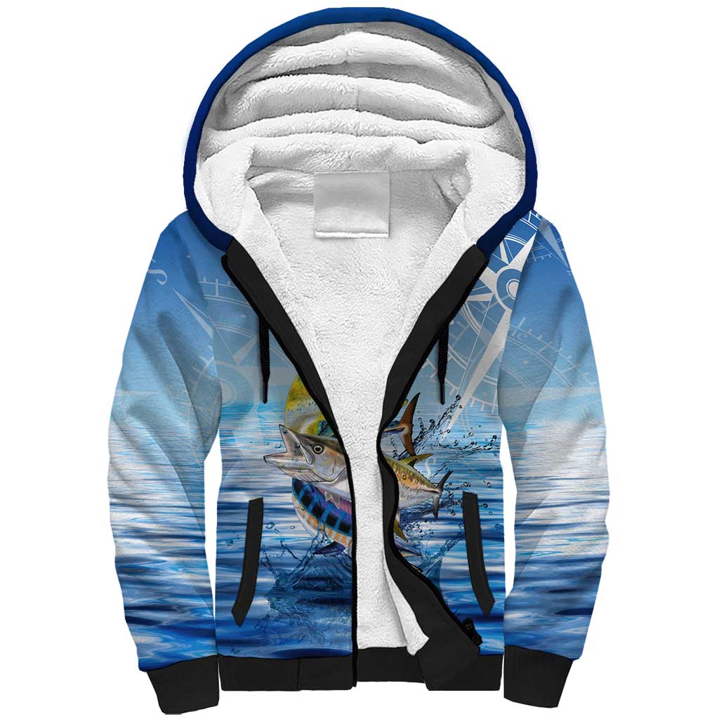 Mahi Mahi and Tuna Fish Sherpa Hoodie Fishing Ocean Water Background and Nautical Compass Elements - Wonder Print Shop