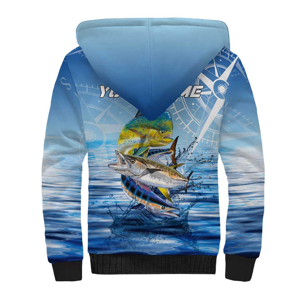 Mahi Mahi and Tuna Fish Sherpa Hoodie Fishing Ocean Water Background and Nautical Compass Elements - Wonder Print Shop