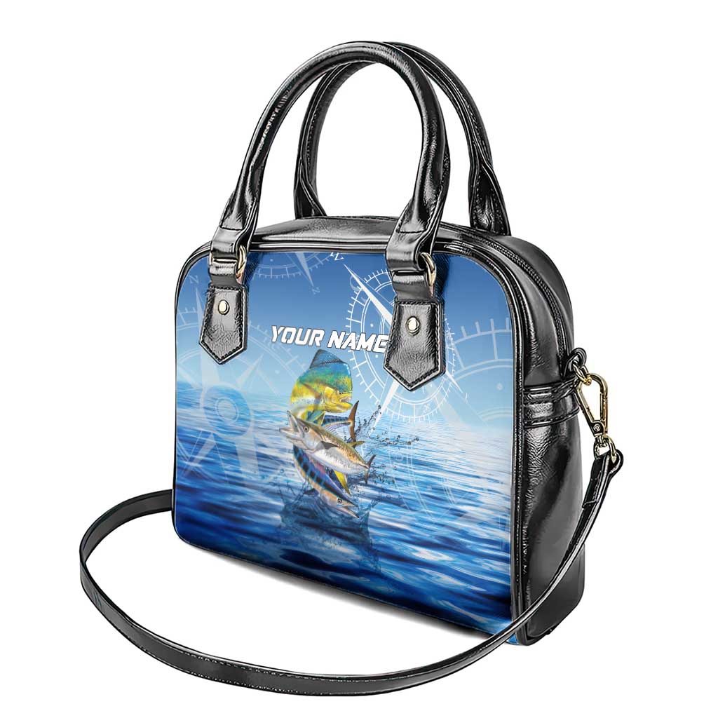 Mahi Mahi and Tuna Fish Shoulder Handbag Fishing Ocean Water Background and Nautical Compass Elements - Wonder Print Shop