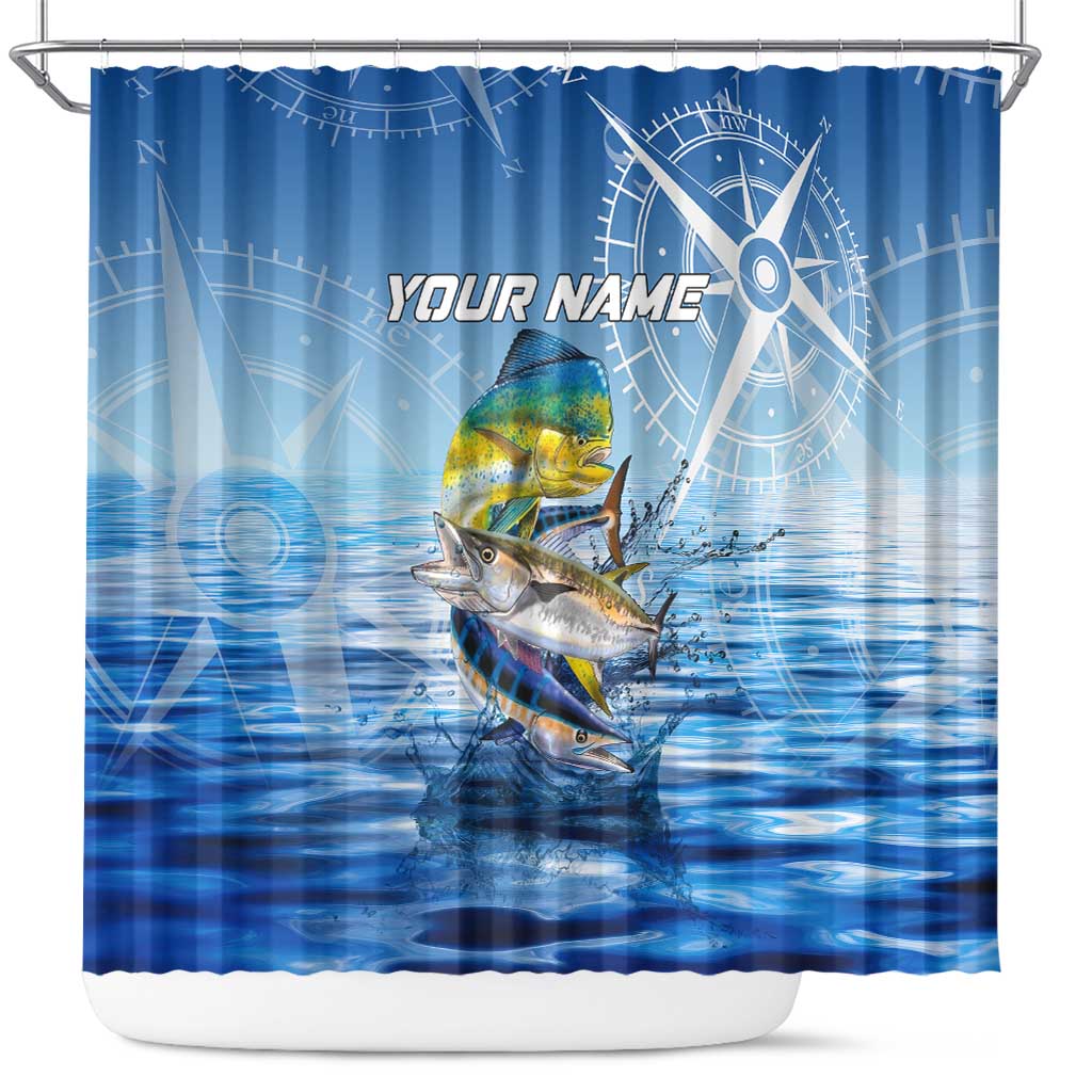 Mahi Mahi and Tuna Fish Shower Curtain Fishing Ocean Water Background and Nautical Compass Elements - Wonder Print Shop