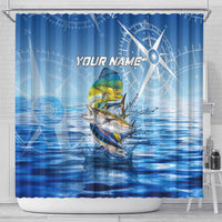 Mahi Mahi and Tuna Fish Shower Curtain Fishing Ocean Water Background and Nautical Compass Elements - Wonder Print Shop