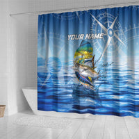 Mahi Mahi and Tuna Fish Shower Curtain Fishing Ocean Water Background and Nautical Compass Elements - Wonder Print Shop