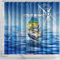 Mahi Mahi and Tuna Fish Shower Curtain Fishing Ocean Water Background and Nautical Compass Elements - Wonder Print Shop