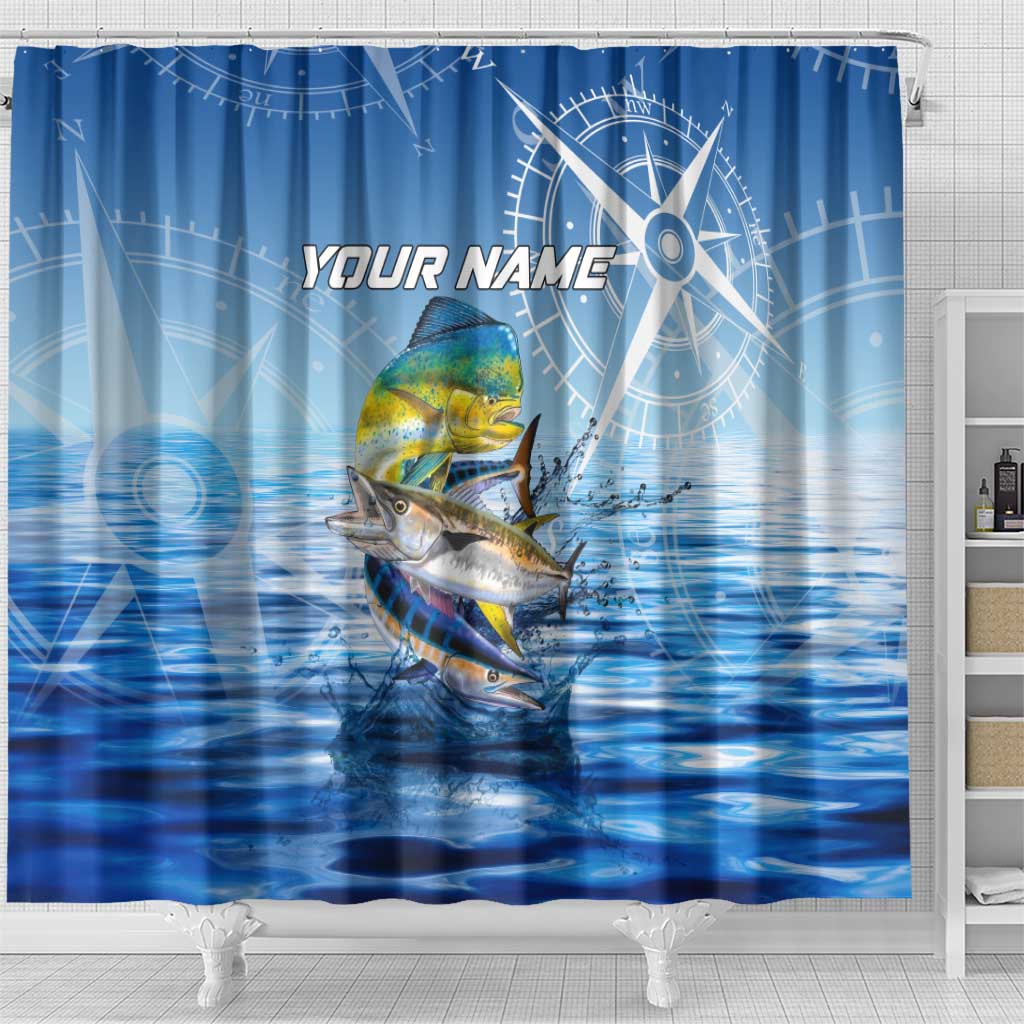 Mahi Mahi and Tuna Fish Shower Curtain Fishing Ocean Water Background and Nautical Compass Elements - Wonder Print Shop