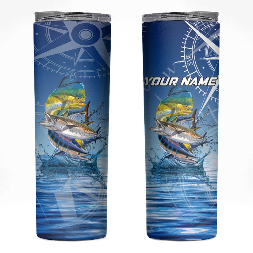 Mahi Mahi and Tuna Fish Skinny Tumbler Fishing Ocean Water Background and Nautical Compass Elements - Wonder Print Shop