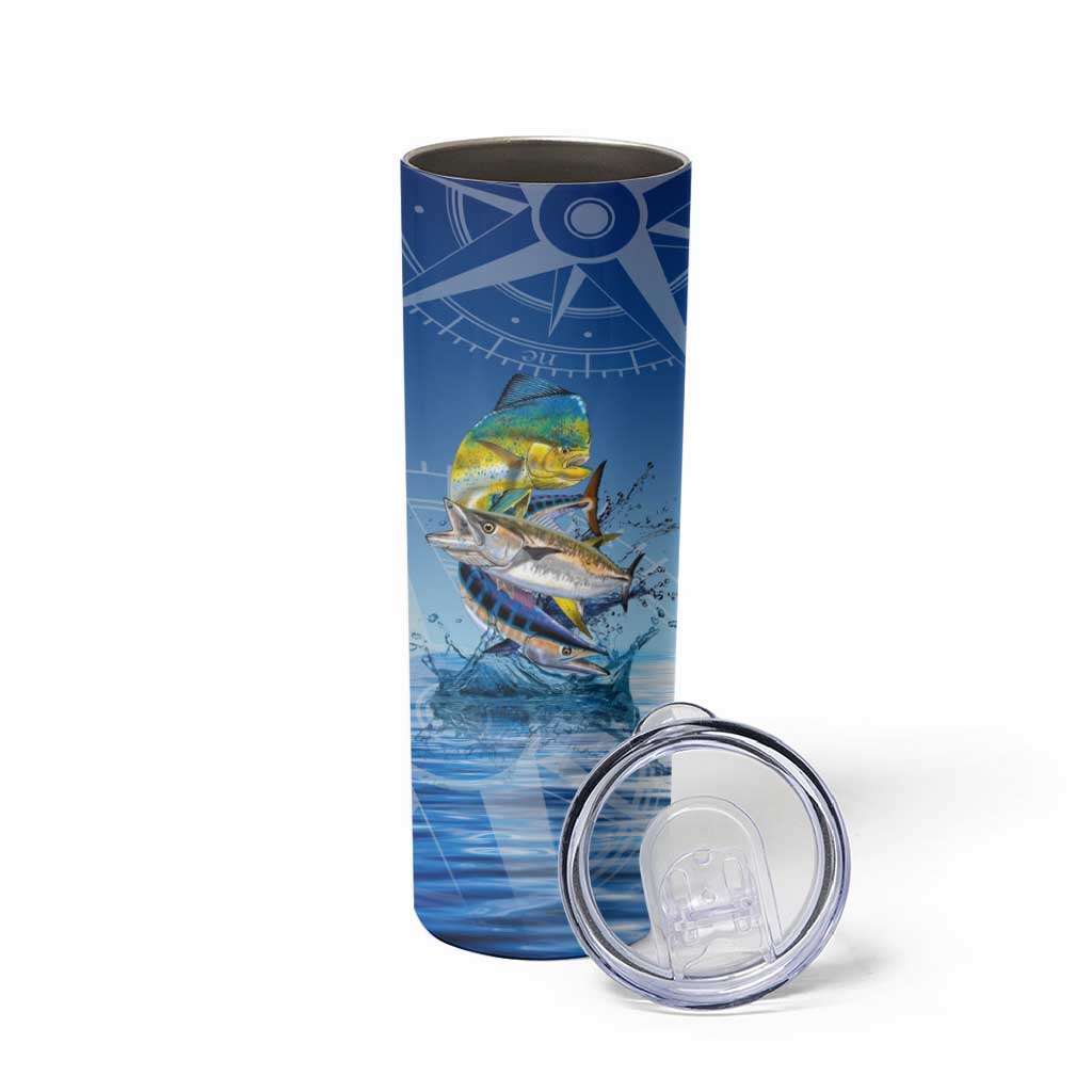Mahi Mahi and Tuna Fish Skinny Tumbler Fishing Ocean Water Background and Nautical Compass Elements - Wonder Print Shop