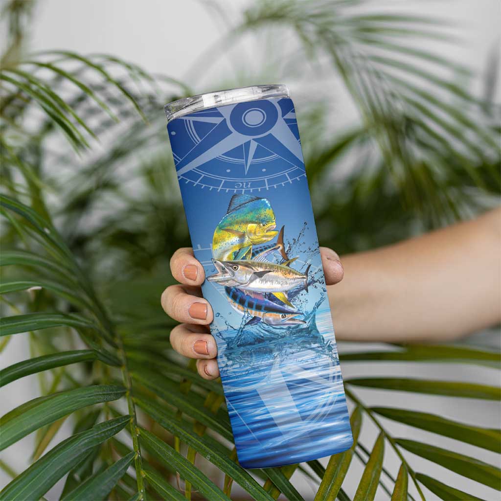 Mahi Mahi and Tuna Fish Skinny Tumbler Fishing Ocean Water Background and Nautical Compass Elements - Wonder Print Shop