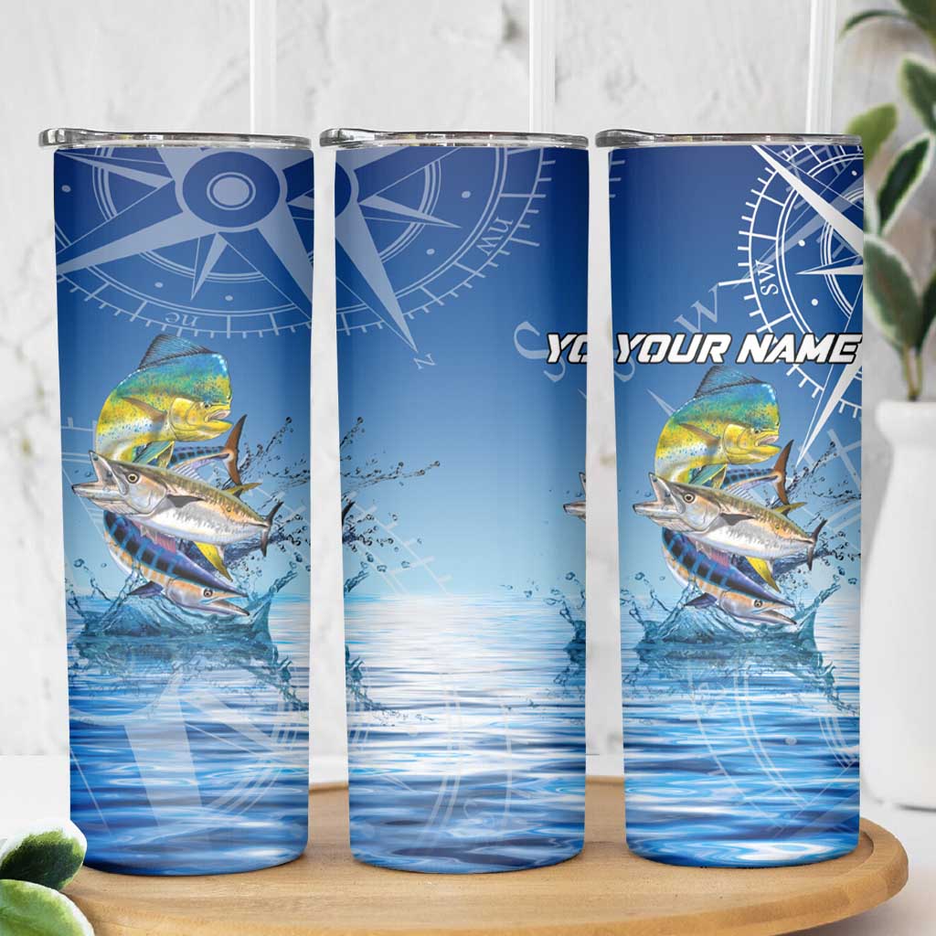 Mahi Mahi and Tuna Fish Skinny Tumbler Fishing Ocean Water Background and Nautical Compass Elements - Wonder Print Shop