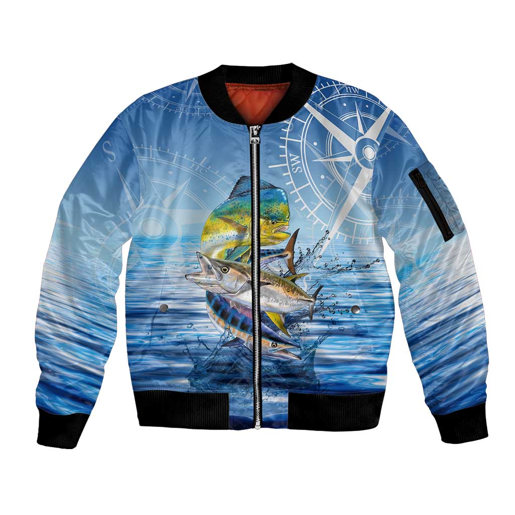 Mahi Mahi and Tuna Fish Sleeve Zip Bomber Jacket Fishing Ocean Water Background and Nautical Compass Elements - Wonder Print Shop
