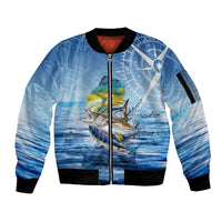 Mahi Mahi and Tuna Fish Sleeve Zip Bomber Jacket Fishing Ocean Water Background and Nautical Compass Elements - Wonder Print Shop