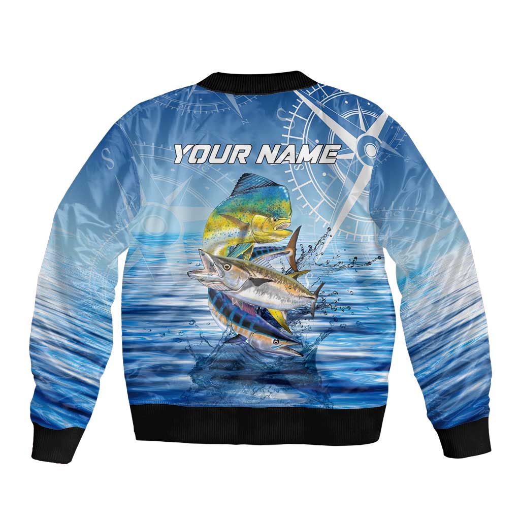 Mahi Mahi and Tuna Fish Sleeve Zip Bomber Jacket Fishing Ocean Water Background and Nautical Compass Elements - Wonder Print Shop