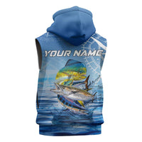 Mahi Mahi and Tuna Fish Sleeveless Hoodie Fishing Ocean Water Background and Nautical Compass Elements - Wonder Print Shop