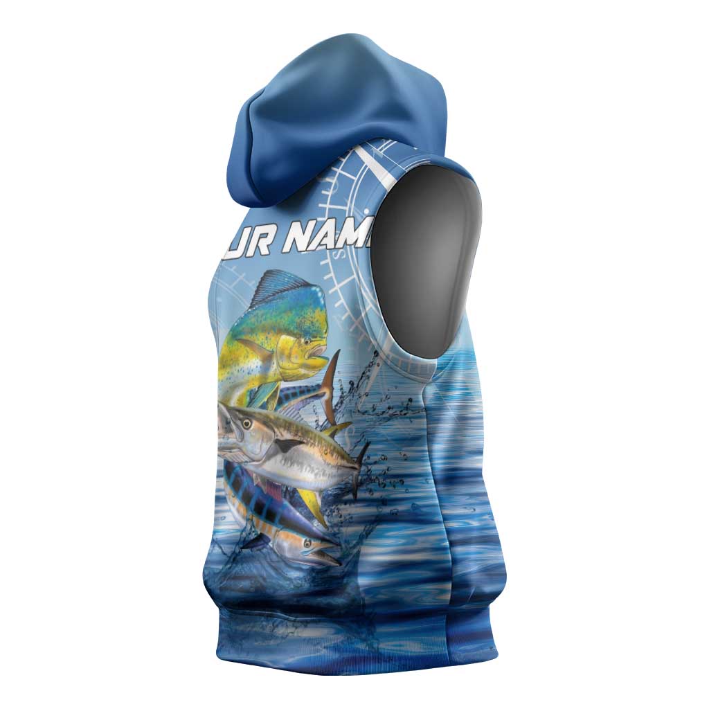 Mahi Mahi and Tuna Fish Sleeveless Hoodie Fishing Ocean Water Background and Nautical Compass Elements - Wonder Print Shop