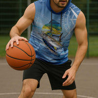 Mahi Mahi and Tuna Fish Sleeveless Hoodie Fishing Ocean Water Background and Nautical Compass Elements - Wonder Print Shop