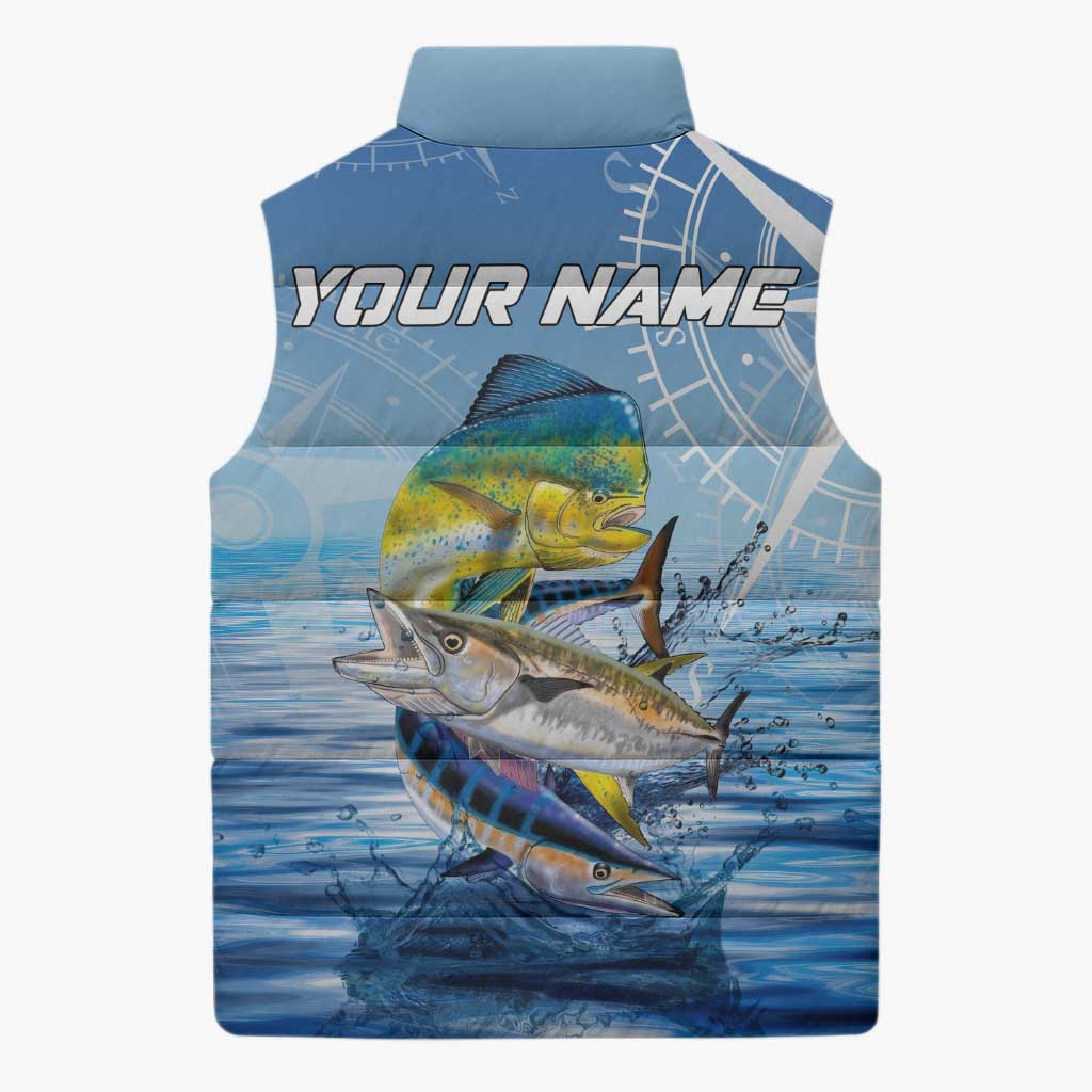 Mahi Mahi and Tuna Fish Sleeveless Puffer Jacket Fishing Ocean Water Background and Nautical Compass Elements - Wonder Print Shop