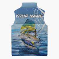 Mahi Mahi and Tuna Fish Sleeveless Puffer Jacket Fishing Ocean Water Background and Nautical Compass Elements - Wonder Print Shop