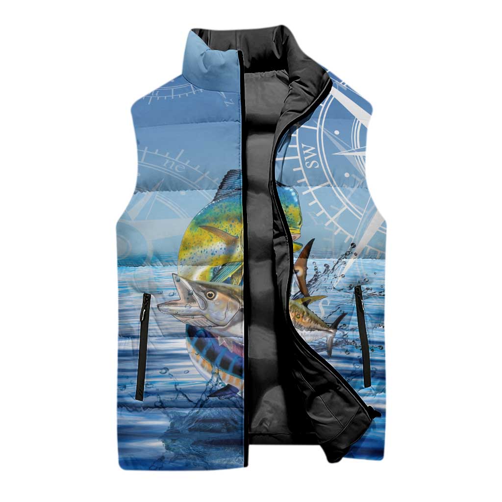 Mahi Mahi and Tuna Fish Sleeveless Puffer Jacket Fishing Ocean Water Background and Nautical Compass Elements - Wonder Print Shop