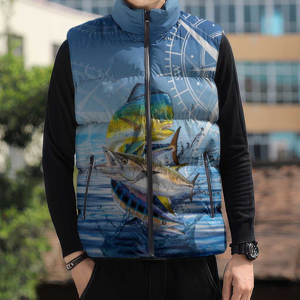 Mahi Mahi and Tuna Fish Sleeveless Puffer Jacket Fishing Ocean Water Background and Nautical Compass Elements - Wonder Print Shop