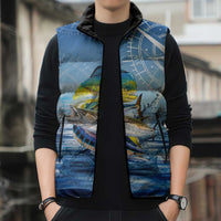 Mahi Mahi and Tuna Fish Sleeveless Puffer Jacket Fishing Ocean Water Background and Nautical Compass Elements - Wonder Print Shop