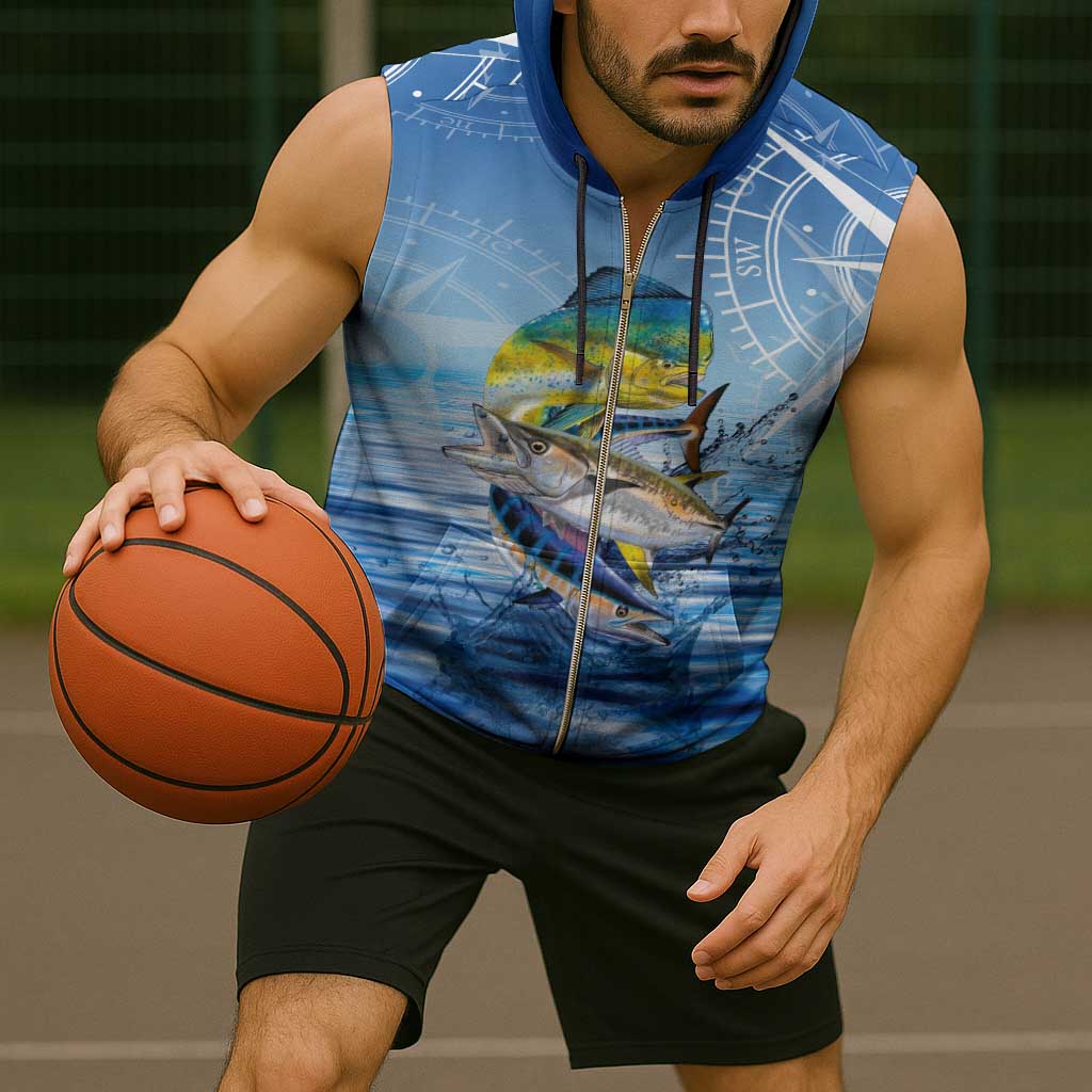 Mahi Mahi and Tuna Fish Sleeveless Zip Hoodie Fishing Ocean Water Background and Nautical Compass Elements - Wonder Print Shop