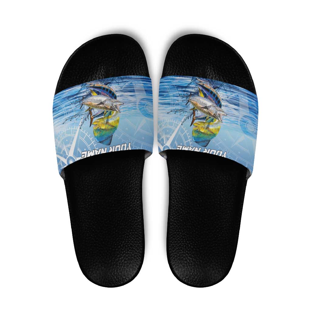 Mahi Mahi and Tuna Fish Slide Sandals Fishing Ocean Water Background and Nautical Compass Elements - Wonder Print Shop