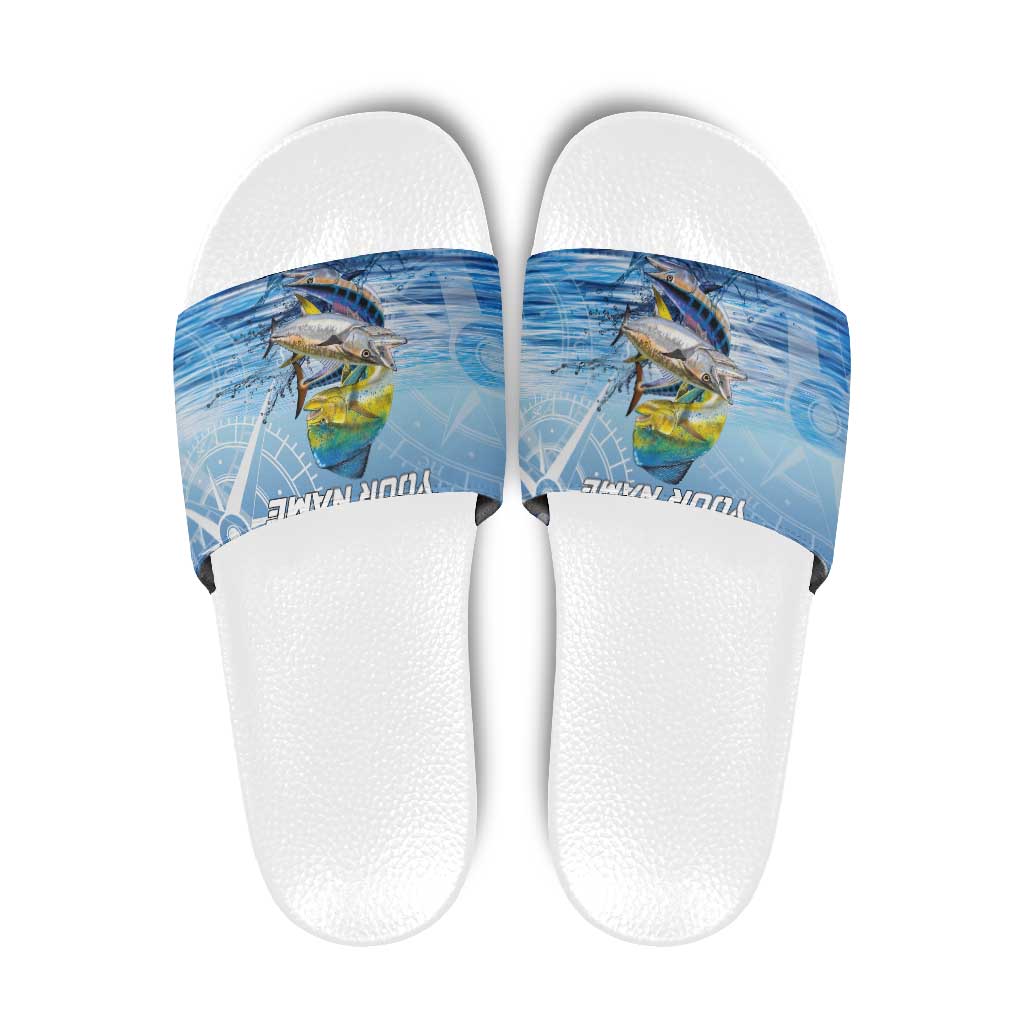 Mahi Mahi and Tuna Fish Slide Sandals Fishing Ocean Water Background and Nautical Compass Elements - Wonder Print Shop